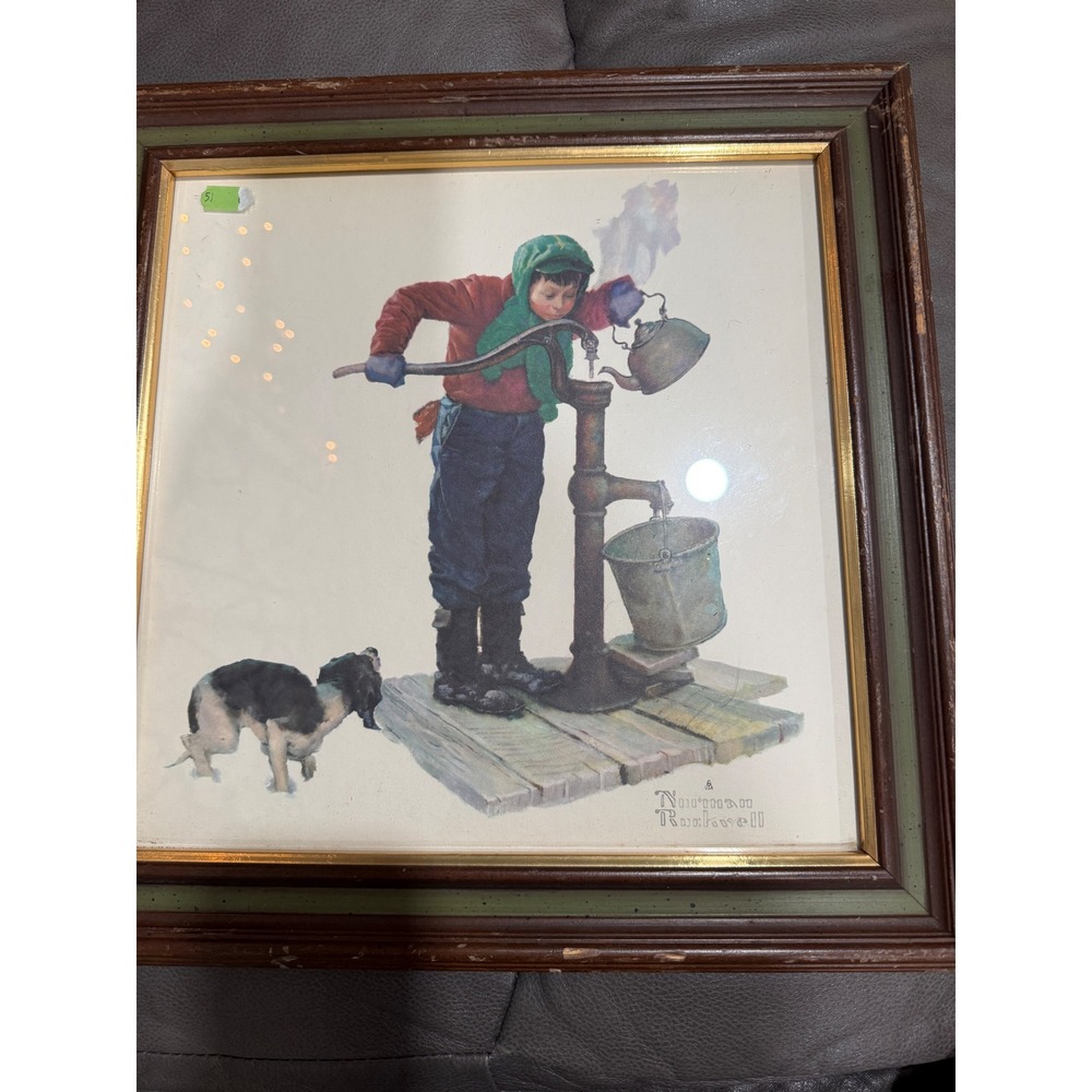 Norman Rockwell Winter Four Seasons Framed Print Boy at Water Pump Dog Americana